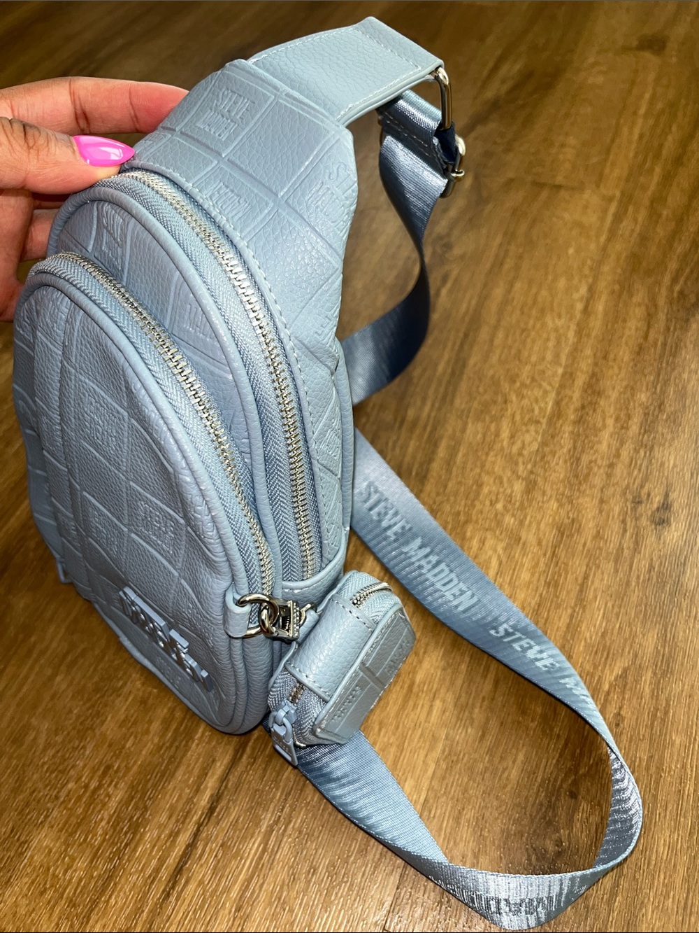 Steve Madden Pale Blue Logo-Embossed Sling Bag